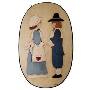 vintage 1992 oval hanging solid wood hand painted by FM 2 sided wall decor.